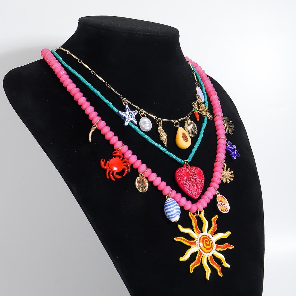 3PCS Multi-layer Summer Vacation Beaded Necklace Dopamine Ocean Style Pendant Necklaces