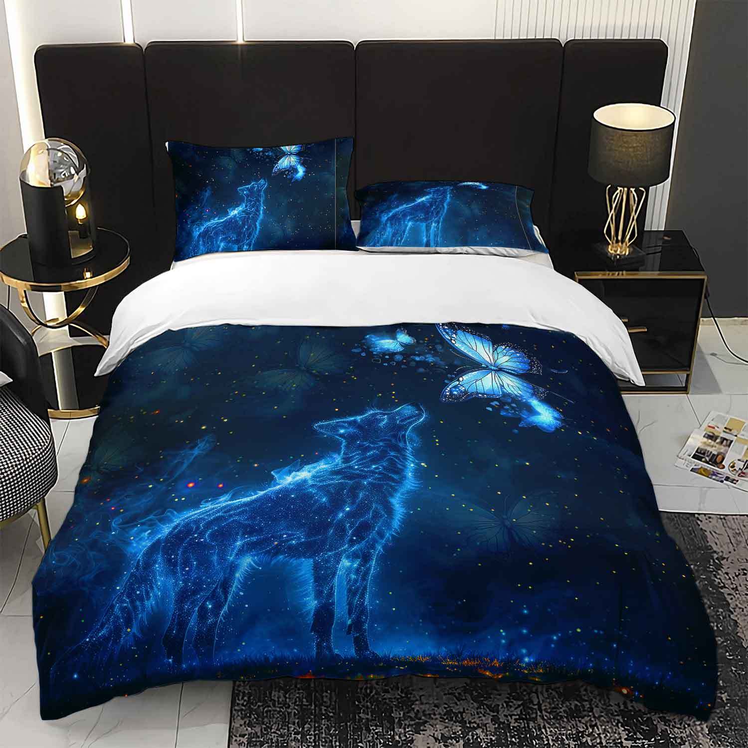 

3pcs Bedding Set Featuring Wolf And Butterfly Designs, Perfect for a for galaxy-Themed Bedroom, Duvet Cover Set&EU Single(135x200cm)