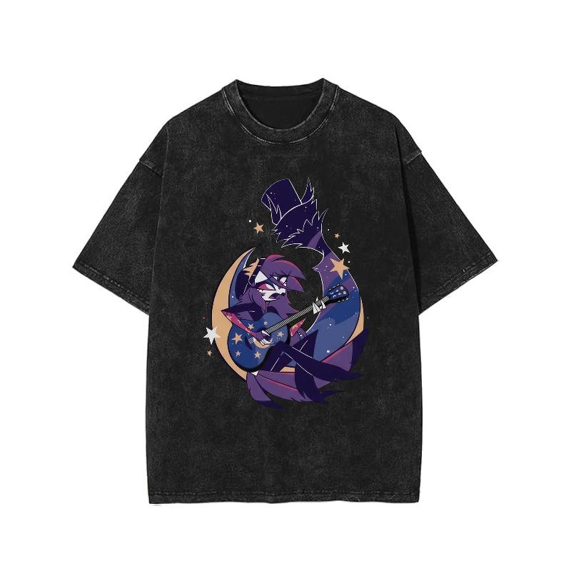 

European sizes Men s Black Short Sleeve washed T-shirt with Cartoon Character Moon and Starry Sky PatternMen s Street Vintage Washed T‑shirt 5XL чорний