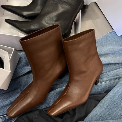 Autumn and Winter Leather Niche Thin Boots Small Square Head Thin Heels Small Naked Boots Women's Versatile Cat and Short Boots Women's Boots