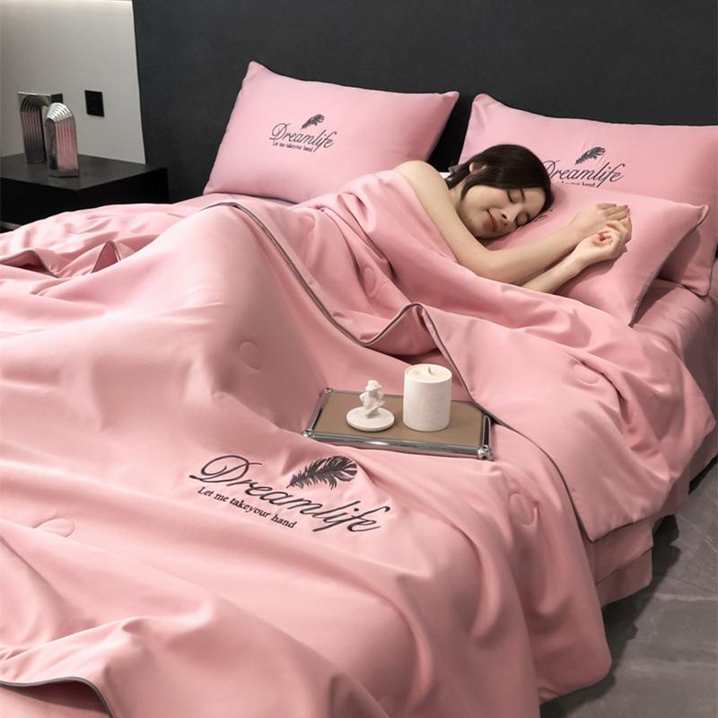 High-End Embroidery Cooling Quilt Set Summer Skin-Friendly Comforter Bedsheet Pillowcase Ice Silky Air Conditioning Blanket Kit