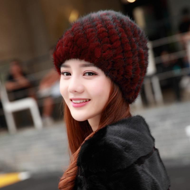 Mink Fur Hat Women Winter Ear Protection Warm Natural Fur Knitted Hat Fluffy Fur Snow Caps Ladies Black Fur Caps Winter Cap