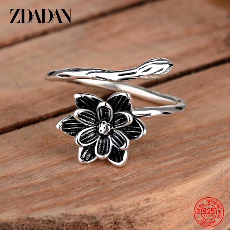 

925 Sterling Silver Vintage Black Lotus Ring for Women Fashion Jewelry resizable