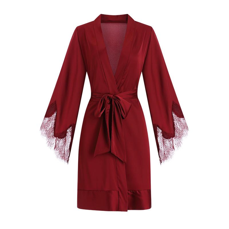 Women's Lace Cardigan Tie Sleepwear Bathrobe Lounge Set