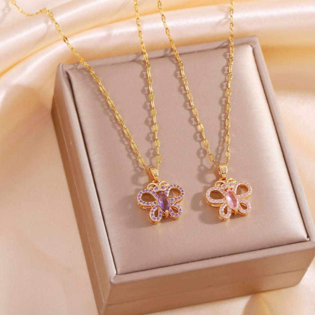 Cute Colorful Zircon Butterfly Pendant Necklaces for Women Girls Stainless Steel Chain Trendy Sweet Jewelry Accessories Gifts