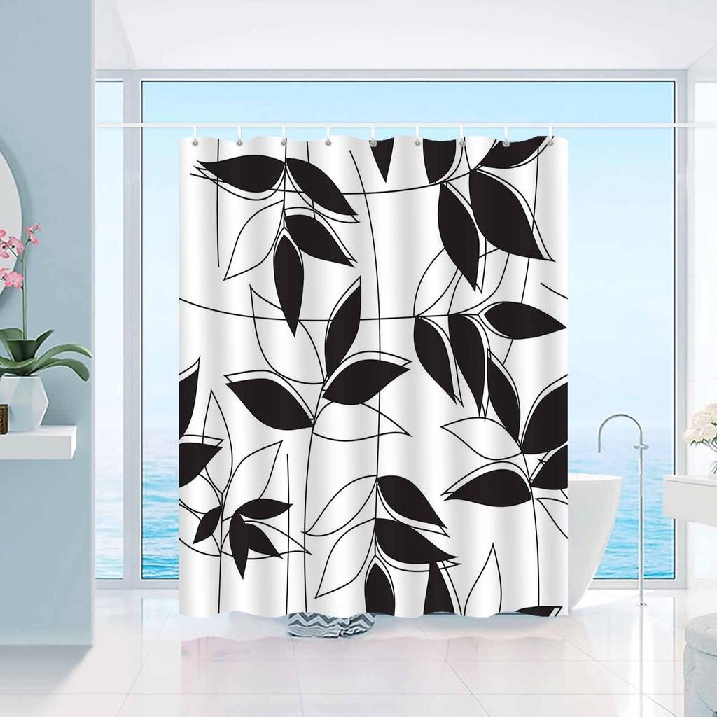 Minimalist Nordic black and white leaf pattern shower curtain, polyester fabric, machine washable, suitable for bathroom décor.