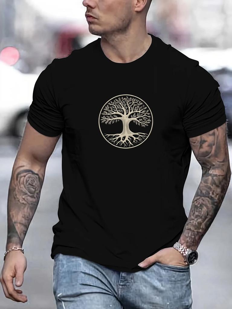 Mens Summer 100 Pure Cotton Fashionable Casual Sports Wide Pine Pattern Printed Sports Round Neck Short Sleeved Tshirt Top