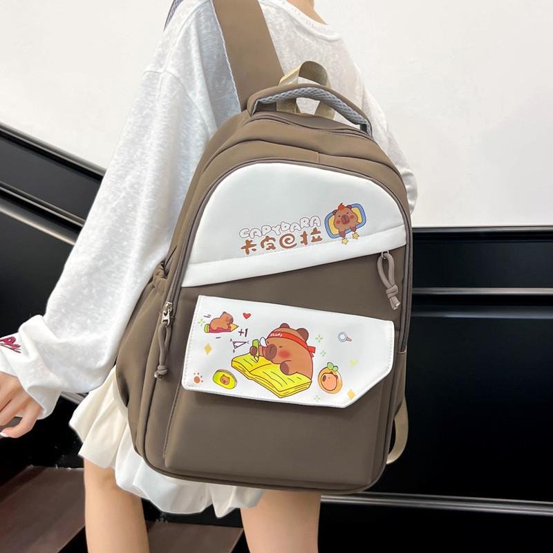 Capybara Cartoon Pattern Nylon Backpack With Striped Stitching For Travel School