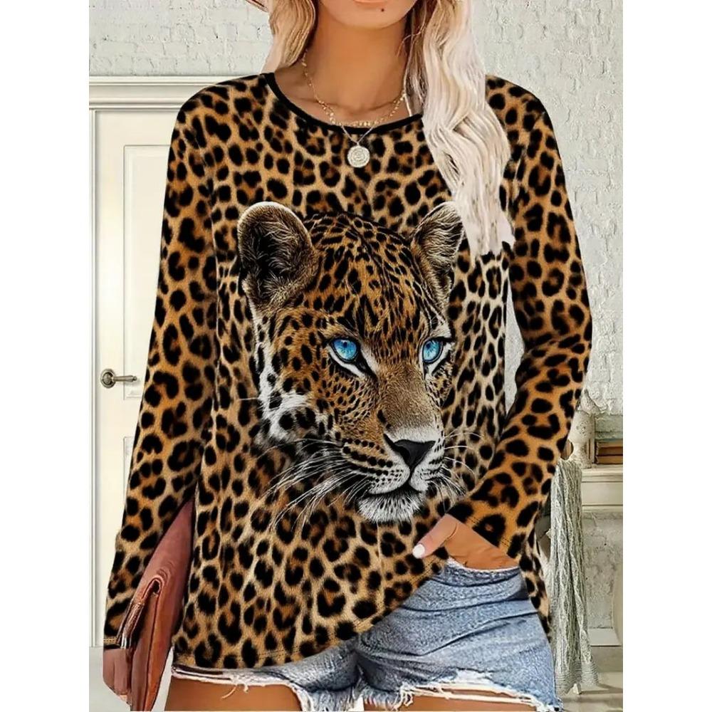 Autumn Leopard 3D Print Long Sleeve T-Shirt Women's Casual T-shirts Fashion Oversized Tops Y2K Tees Streetwear Female Clothing