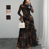 Women's Long Sleeve Maxi Dress with Floral Print Bell Sleeve High Neck Dress
