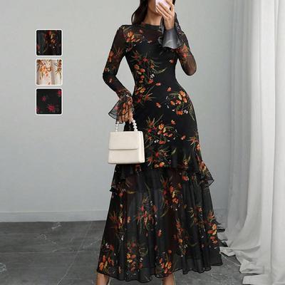 Maxi Abito da Donna a Maniche Lunghe con Stampa Floreale, Maniche a Campana, Collo Alto