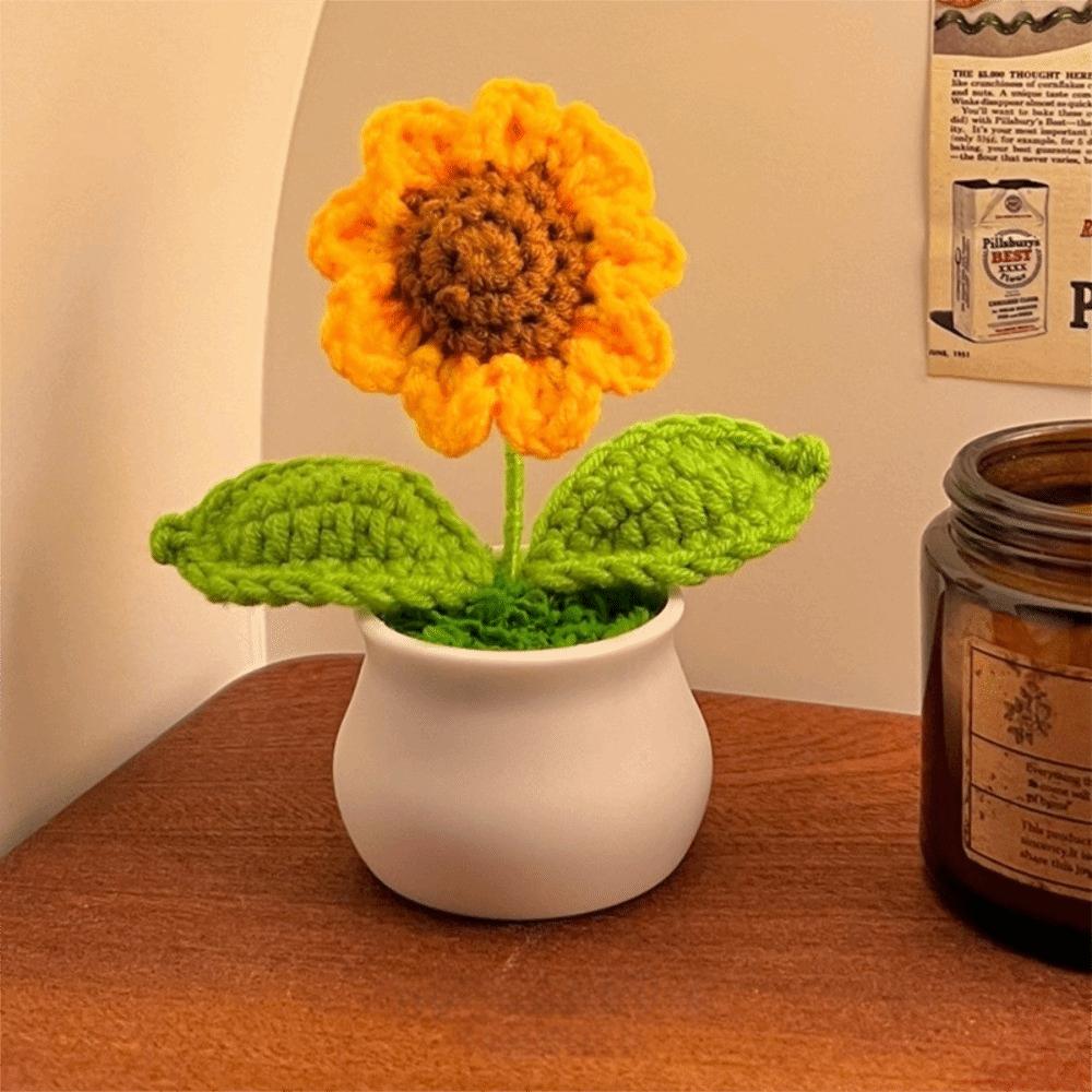 Hand Knitted Crochet Flower Doll Potted Plant Handmade Sunflower Potato Doll Artificial Flower Lily of The Valley