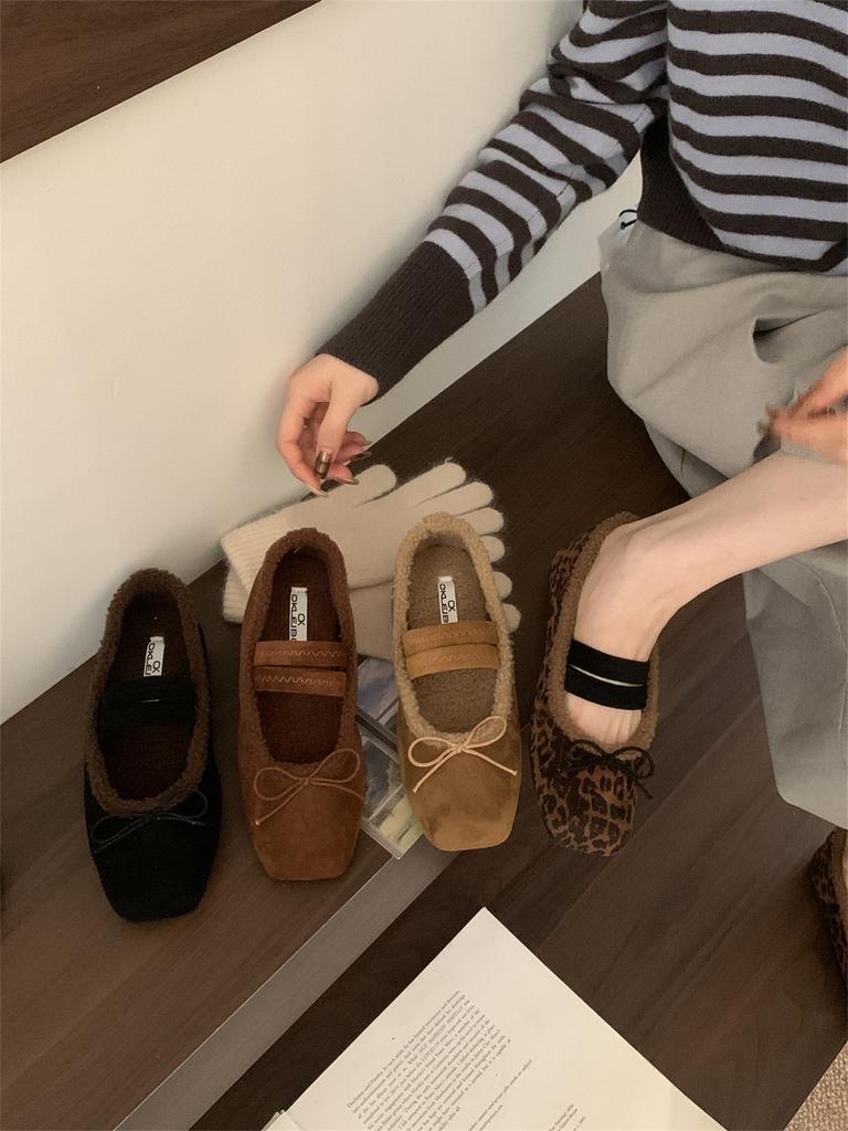 2025 autumn and winter new flat-bottomed bow velvet Mary Jane shoes women's warm ballet shoes lamb wool single shoes