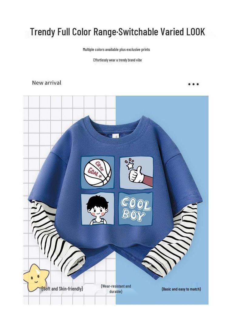 Boys' Cartoon Patchwork Long-Sleeve Striped Cotton T-Shirt