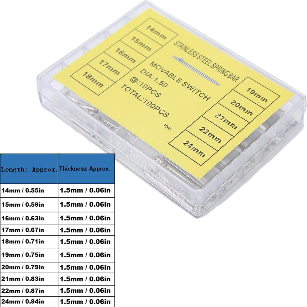 Komplettes Set 14-24mm Größe Schnellverschluss Federstege 1.5/1.8mm Durchmesser Bandgliederstifte Uhrenarmbandstifte Uhrenreparatur