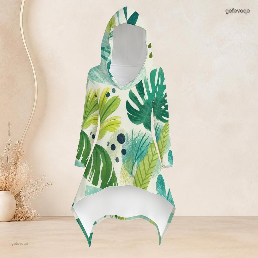 Women Plus Size 2 Piece Outfit Hooded Long Sleeve Tropical Leaf Printed High Low Top Fitted Pants