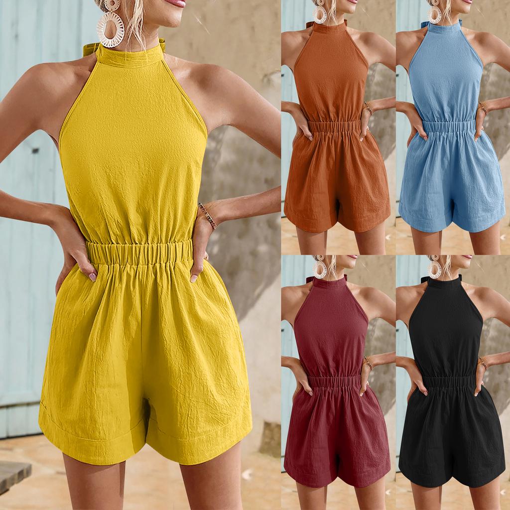 Летний женский пляжный курортный стиль, тонкий монохромный комбинезон с ...