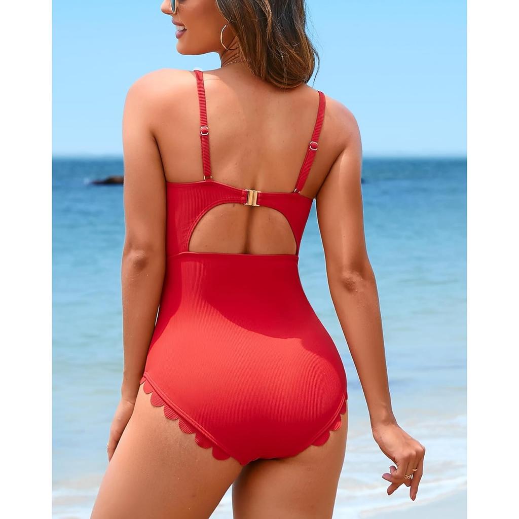 CHARMLEAKS Jednoczęściowe kostiumy kąpielowe damskie, kostiumy kąpielowe z prążkowanymi wykończeniami, kostiumy kąpielowe z wykończeniem w kształcie muszli, kostiumy kąpielowe z guzikami