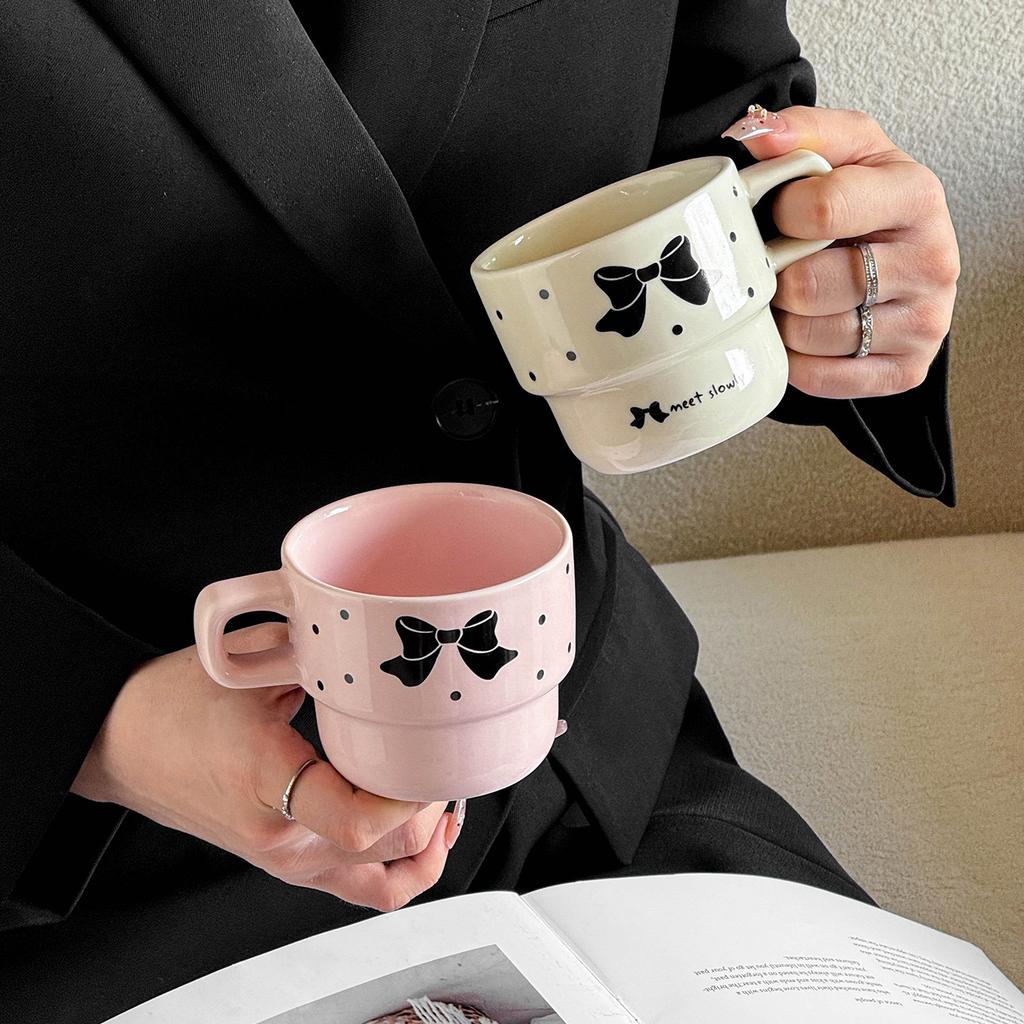 Bow Ins Style High Value Ceramic Stacked Cup Office Girls Coffee Cup Household Ceramic Coffee Cup Plate