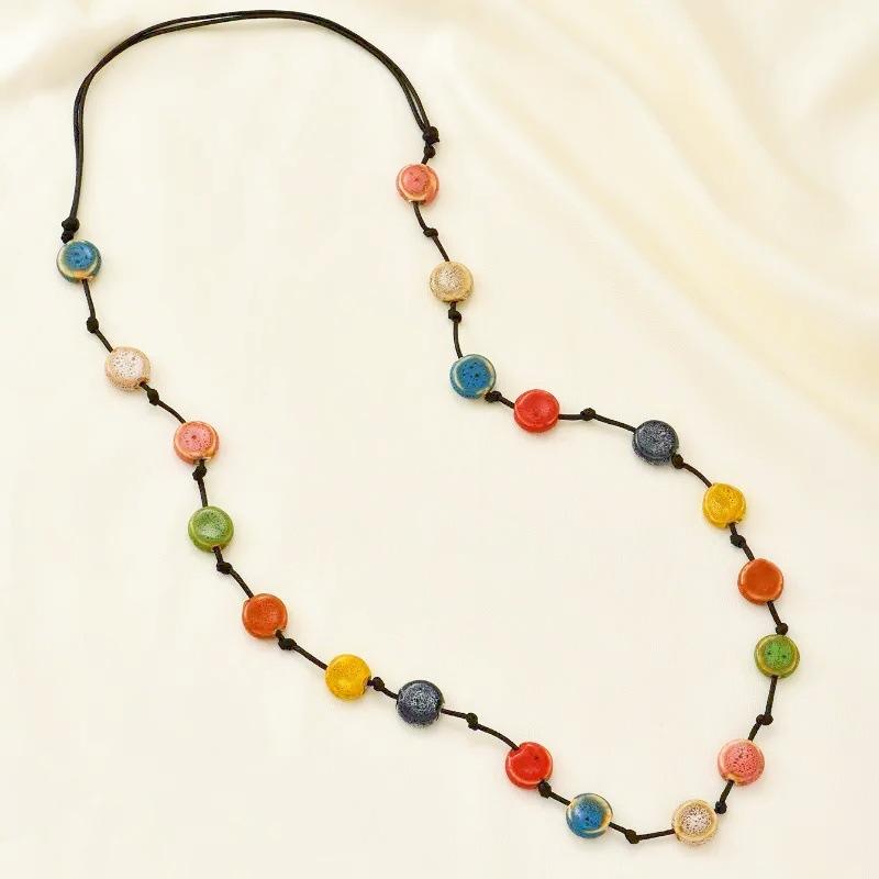 JMXD-European and American retro wax rope necklace colored ceramic round sweater chain long versatile dopamine beaded necklace versatile