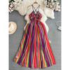 Rainbow Striped Sexy Open Back Large Swing Sling Dress
