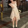 French temperament first love white dress women's summer new waist and thin pure desire ruffle edge irregular skirt
