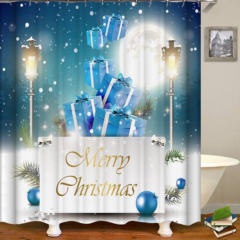 Festive Christmas Gift Boxes In Snow Shower Curtain Waterproof Fabric With Hooks