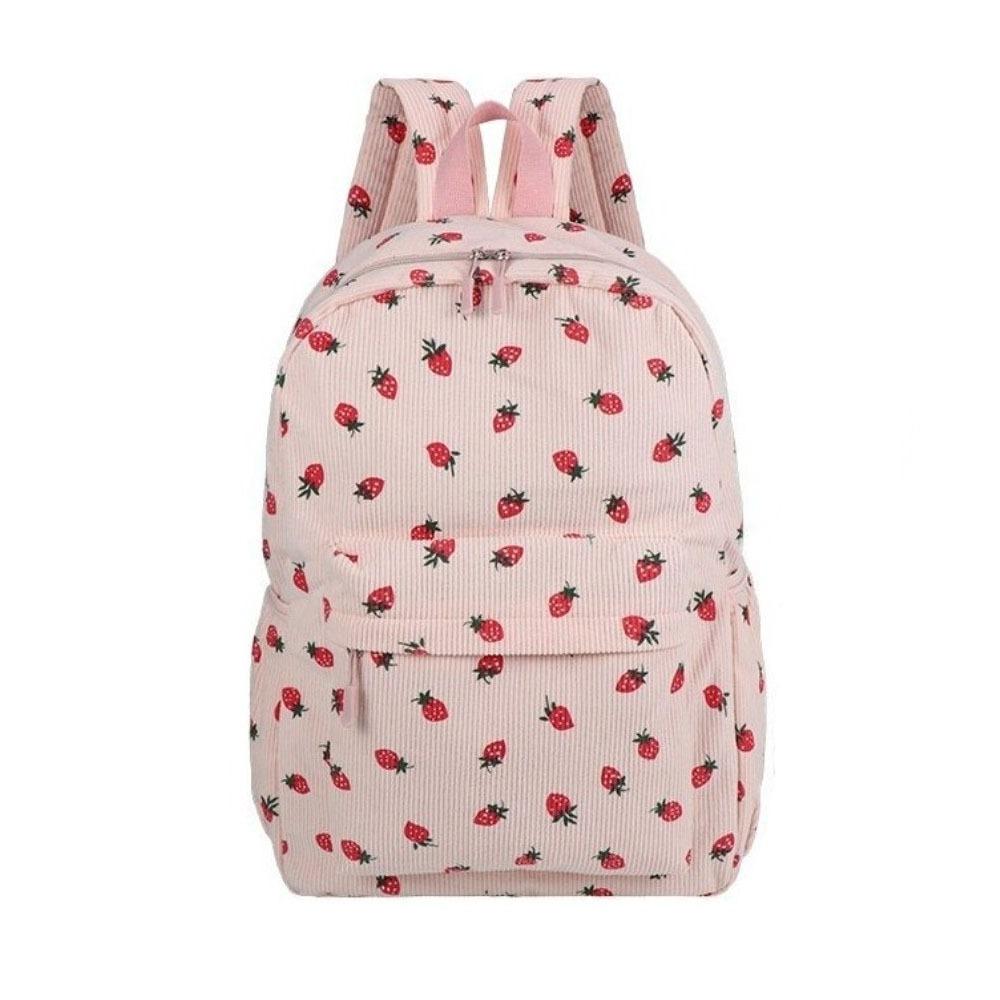 Lightweight Students School Bag Strawberry Students Daypack Storage Bag Corduroy Backpack  Travel