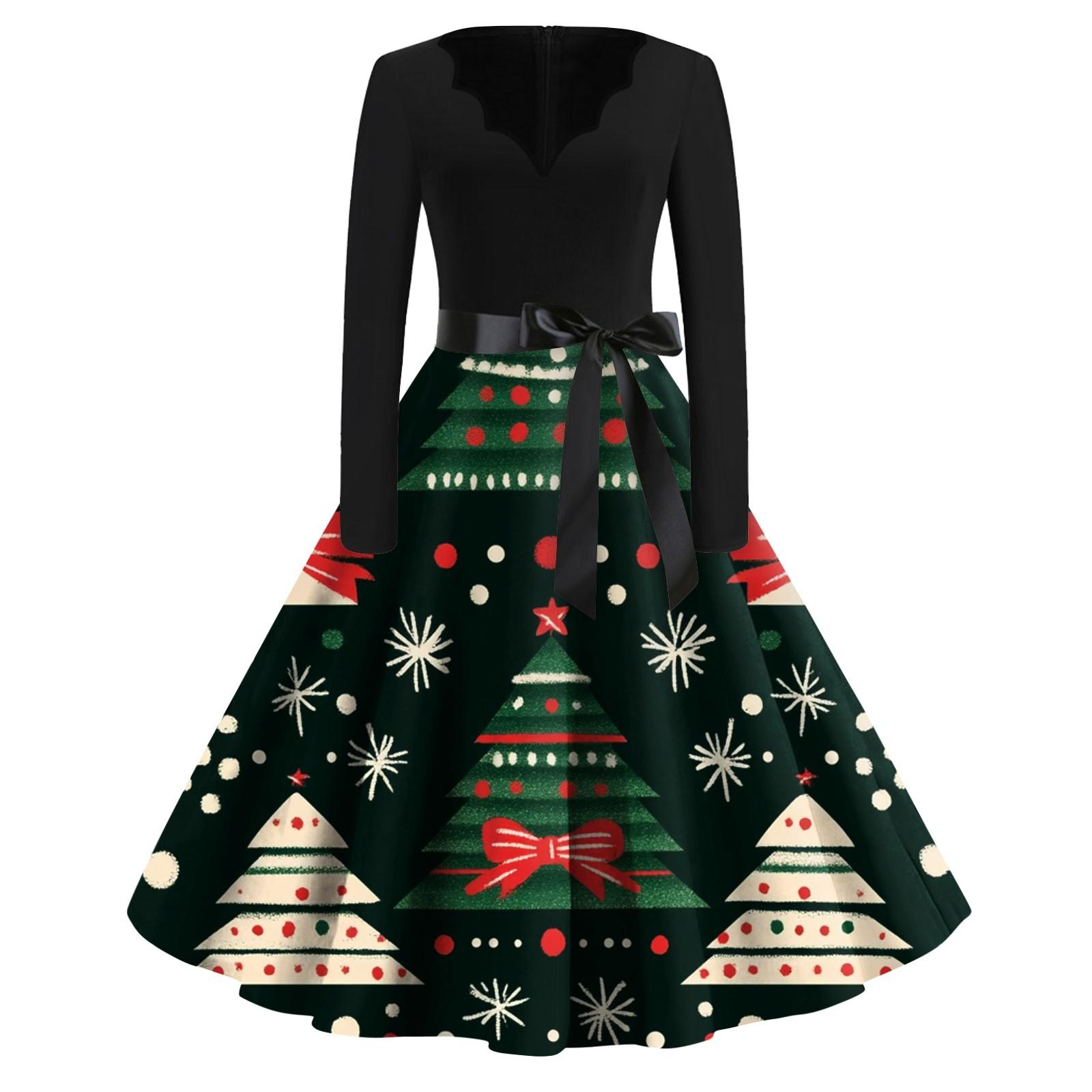 

Женские модные повседневные тонкие рождественские платья с длинным рукавом с v-образным вырезом и принтом S