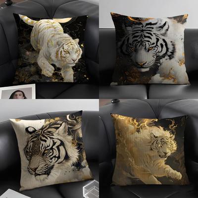 White Tiger Cool Cushion Cover Natural Linen Organic Fabric DoubleSided Printing Sofa Home Decor Gift Pillow Case