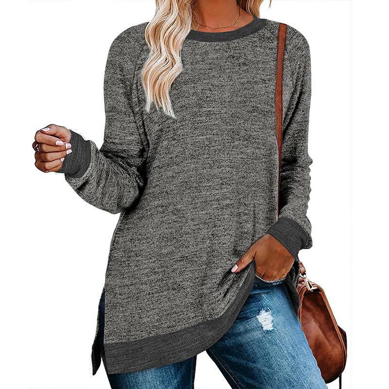 2026 New Long-Sleeve Round-Neck Color-Block Slit Top for Women, Loose Casual Pullover T-Shirt