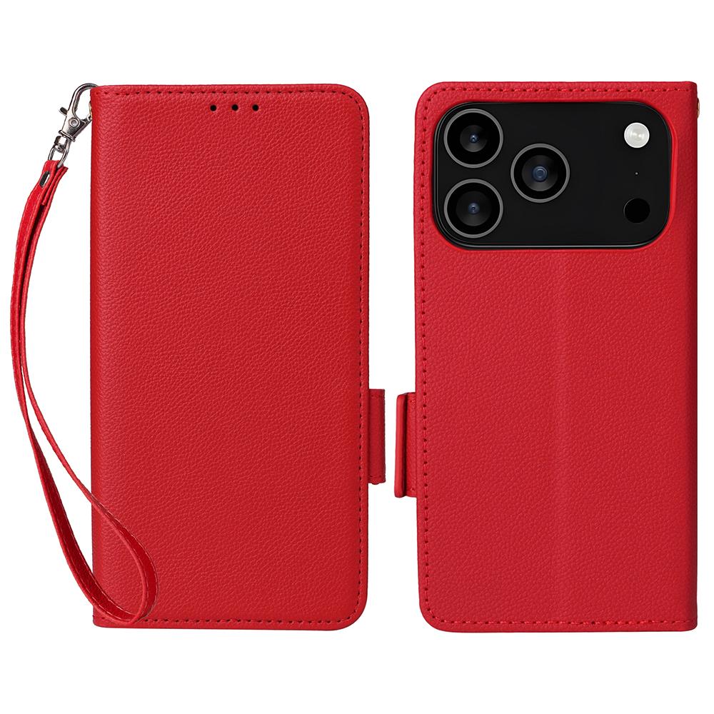 For iPhone 17 Pro Case with Wrist Strap Litchi Texture PU Leather Wallet Phone Cover