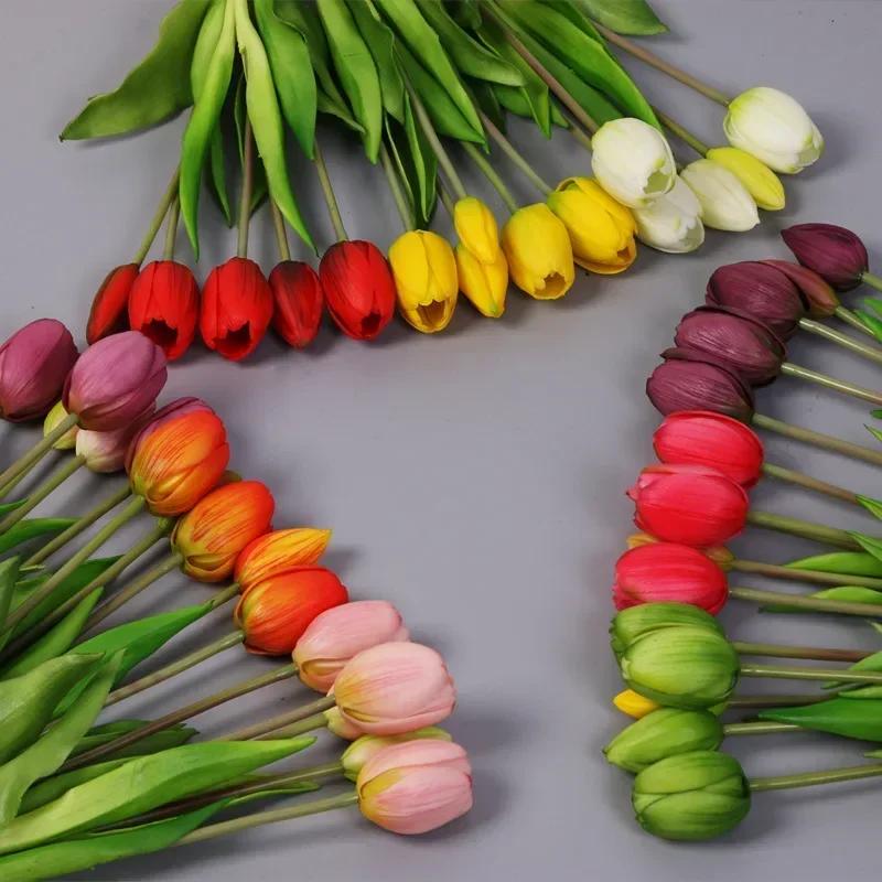 5pcs Artificial Flowers Soft Tulip Fake Flower Real Touch Home Garden Table Wedding Decoration Simulation 5-Head Tulips Bouquet