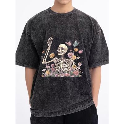 Comfort Fit Men's Vintage-Inspired 100% Cotton T-Shirt with Floral Skeleton Graphic Casual Round Neck