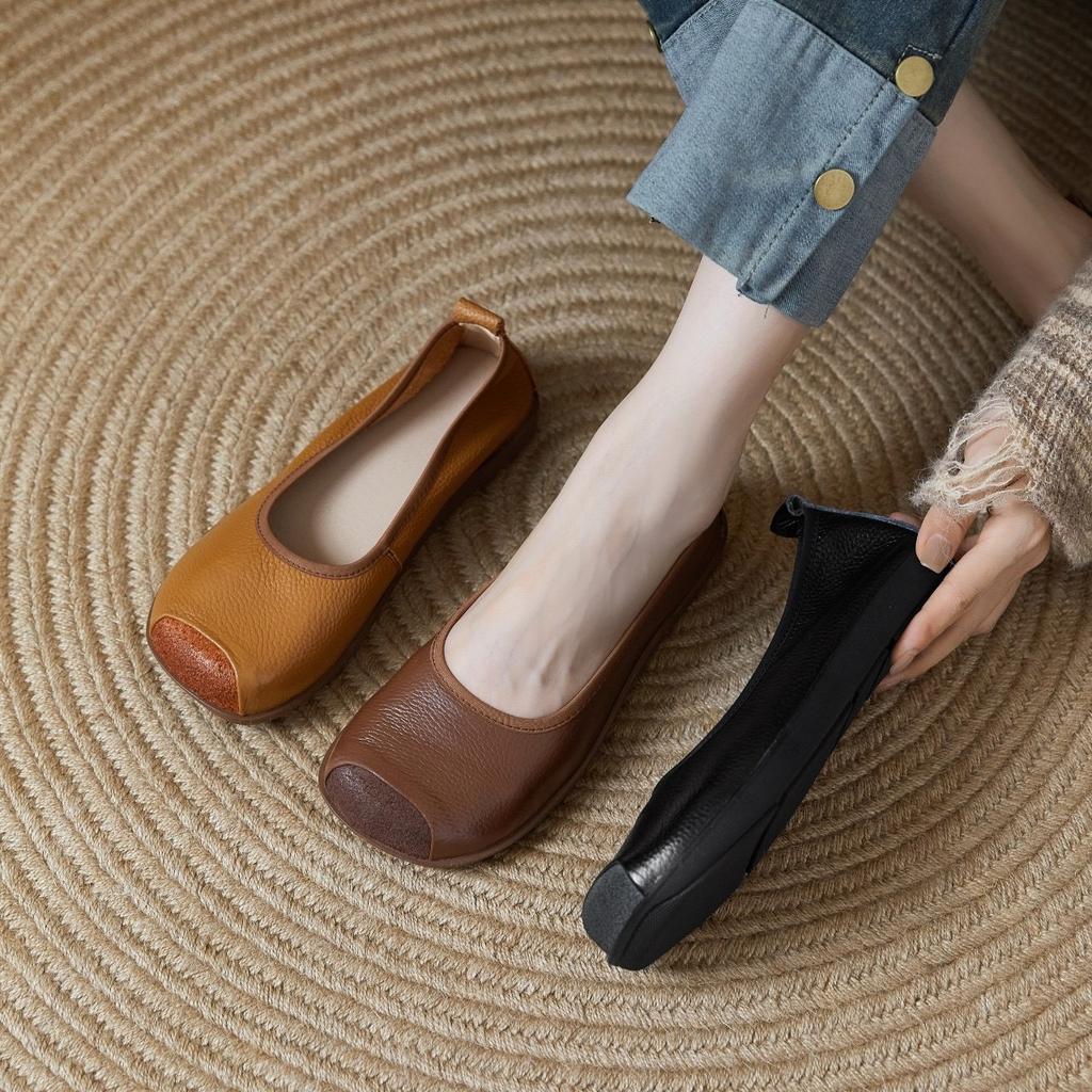 Genuine Leather Women Single Shoes Simple Flat Bottom Mom Shoes Square Head Shallow Mouth Flats Ladies Casual Comfort Shoes