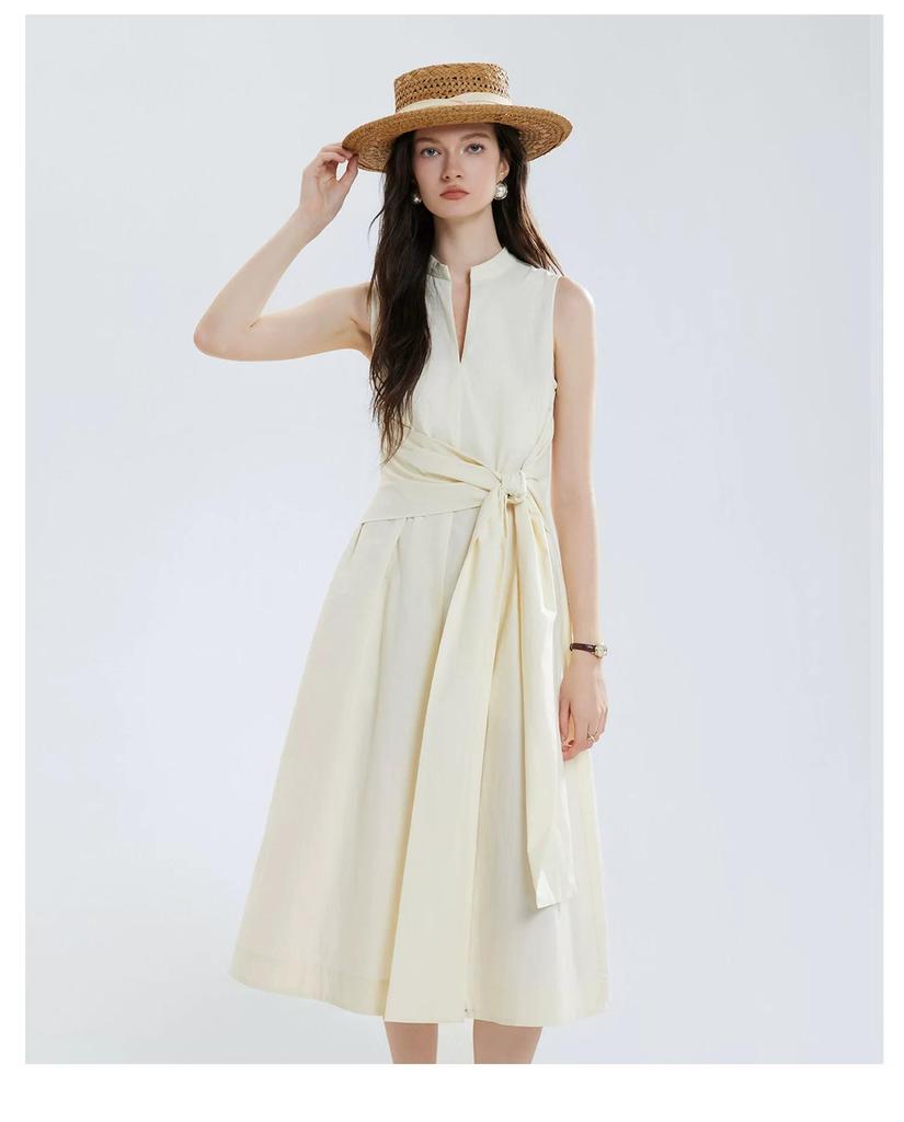 Elegant Women's Sleeveless Drape Design Dress - Hepburn Style, Tie-Up Waist, Slimming Long Commuter Dress