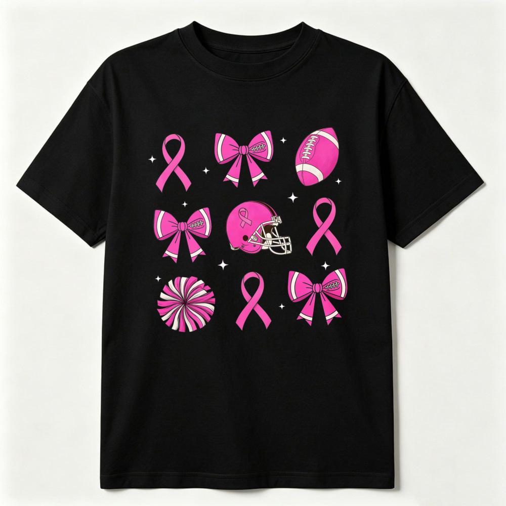 Pink Ribbon Football Tshirt Breast Cancer Awareness Cotton Casual Shirt Helmet Bow Game Day Fashion Streetwear Tees Unisex Tops