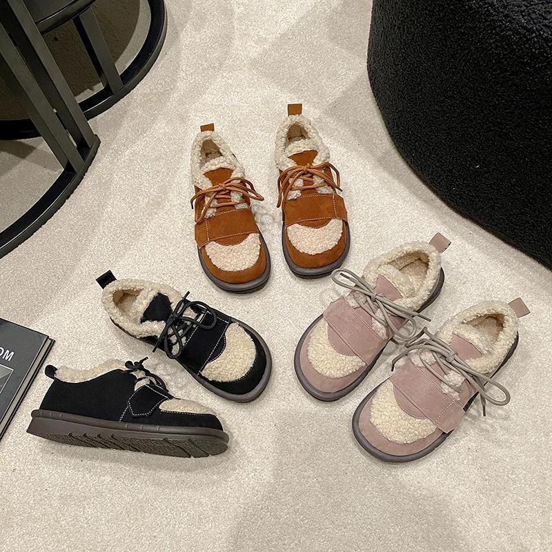 Cow Suede Basic Flats for Women 2024 Fashion Solid Casual Winter Ladies Shoes Lace-up Round Toe  Flats Zapatos Para Mujeres