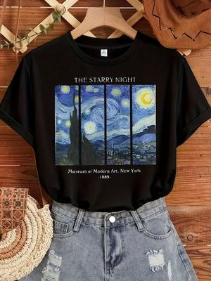 Women's Starry Night Graphic Tee Casual Round Neck T-Shirt Machine Washable Artistic Van Gogh Inspired Design for Casual Attire