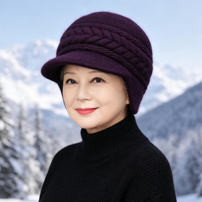 Middle-aged and elderly hats, women's autumn and winter fashion mother hats, fleece thickened ear protectors, cold-proof and warm knitted wool hats