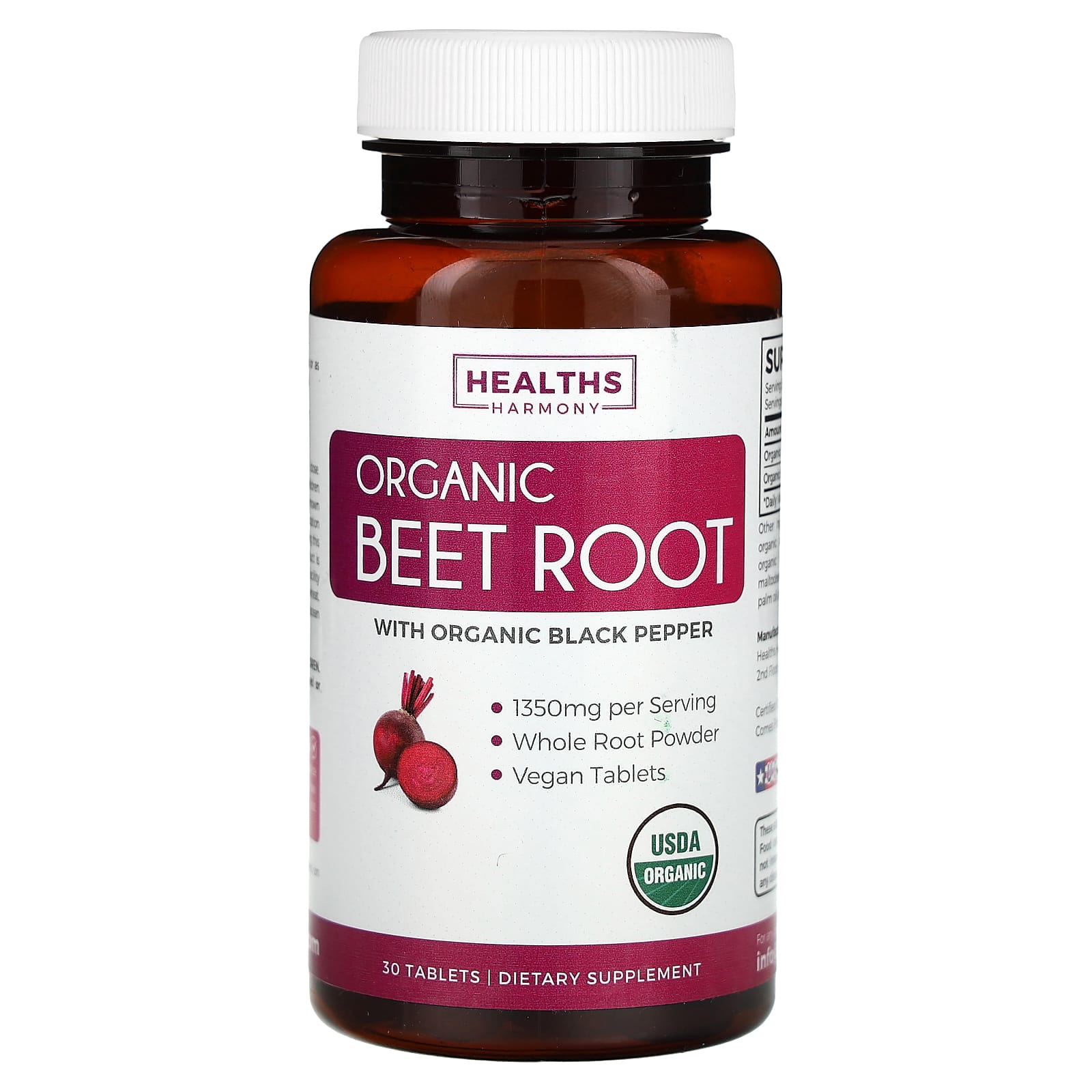 

Healths Harmony, Organic Beet Root with Organic Black Pepper, 30 Tablets
