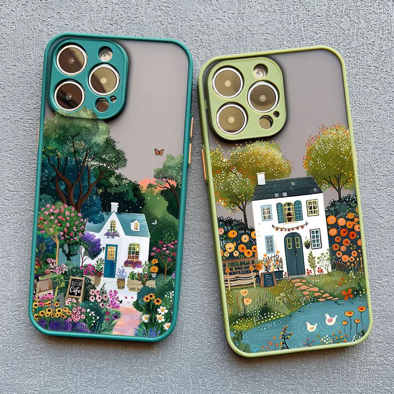 Fashion Garden Style Coffee Shop Phone Case For iPhone 11 12 Mini Pro Max 13 14 15 16 Pro Max X XS XR 7 8 Plus Shockproof Covers