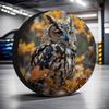 One Piece Of 2D Flat-Printed Tire Covers Featuring A Great Horned Owl Among Forest Leaves, Made From Polyester Fabric And Requir