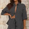 Women's Casual Two-Piece Suit Elegant Stylish Half Sleeve Stripes Shirt Tops Plaid Loose Shorts Suit