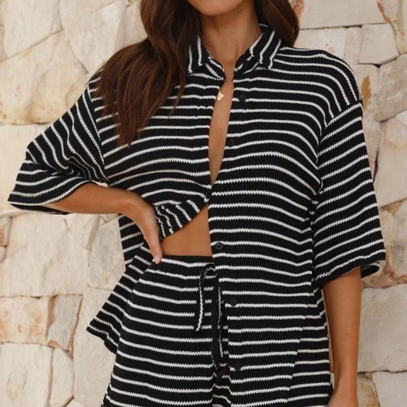 Women's Casual Two-Piece Suit Elegant Stylish Half Sleeve Stripes Shirt Tops Plaid Loose Shorts Suit