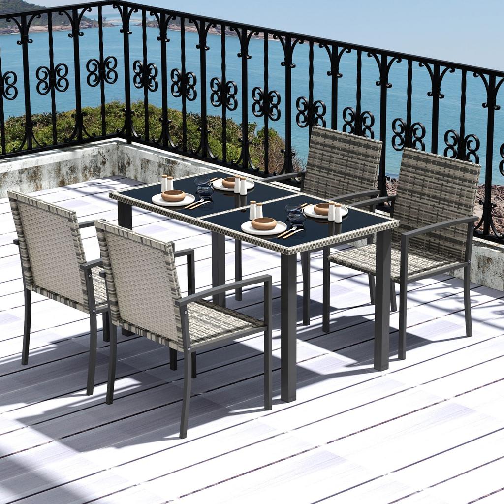 Outdoor Dining Set 5 Pieces Patio Conservatory with Tempered Glass Tabletop,4 Dining Chairs - Mixed Grey