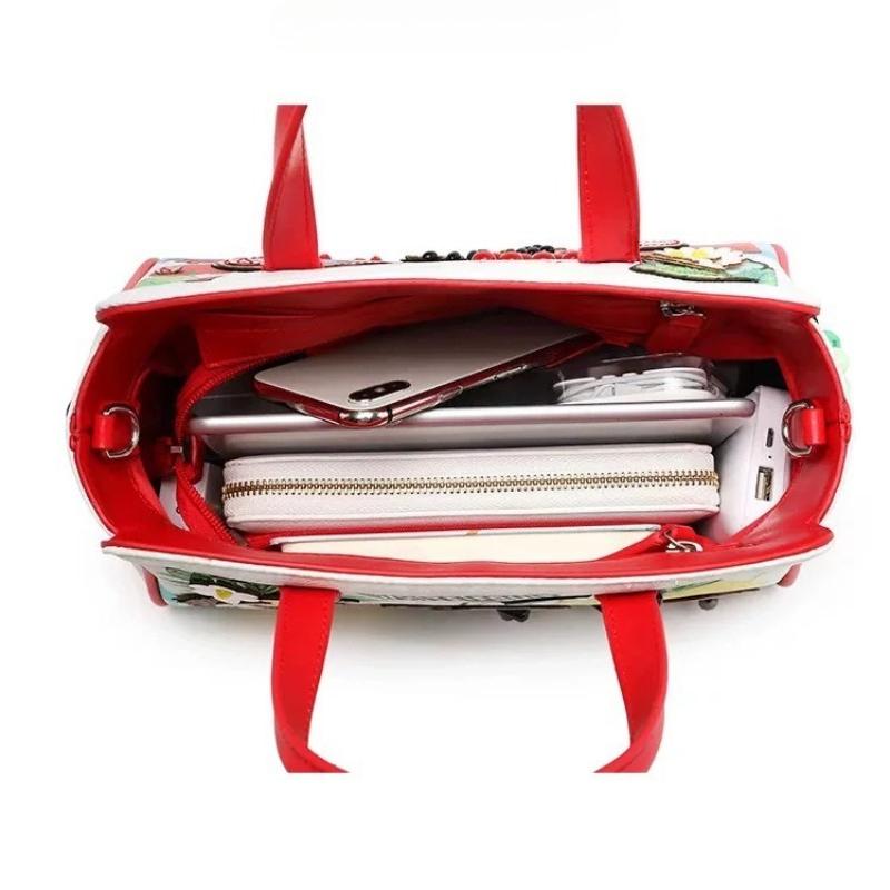High-end PU Leather Women's Handbag Practical Front Back Two-side Use Ladies Crossbody Bag Fashion Splicing Fresh Sweet Fruit Embroidery Messenger Bag