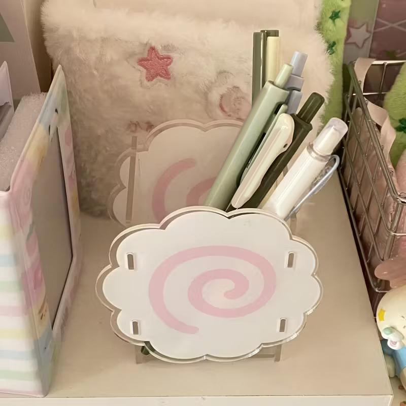 Acrylic Fish Cake Pen Holder Cute Cloud-Shaped Pen Holder Large-Capacity Desktop Stationery Pen Storage Box Spiral Design