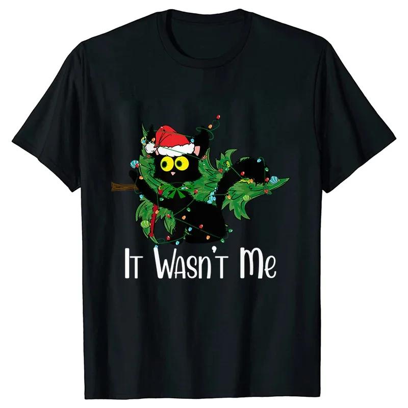 It Wasn's Me Christmas Cat Women's Clothing Christmas Tree Casual Fashion Aesthetics Short Sleeve T-shirt Cartoon Women's T-shirt
