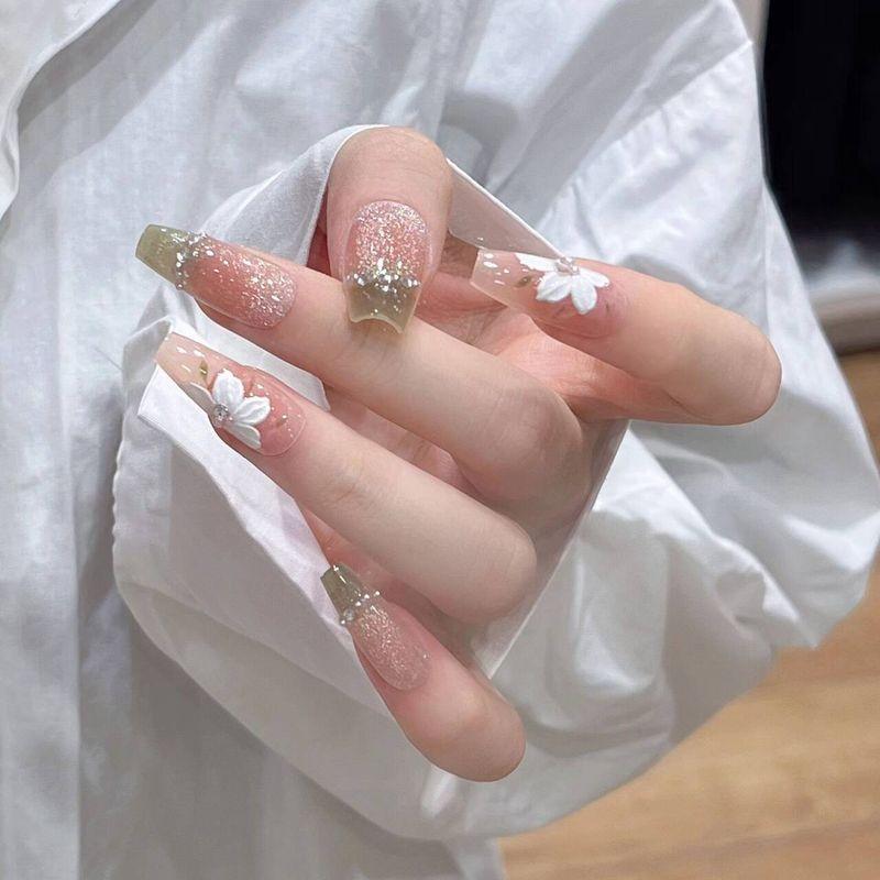 

10 Pieces Half-Handmade Wear Nail Middle Ladder Blush Ice Flower Removable Nail Patch Nail Stickers Bridal Nail Piece SG980 Wizard of Oz S (suitable for 80% of sisters)